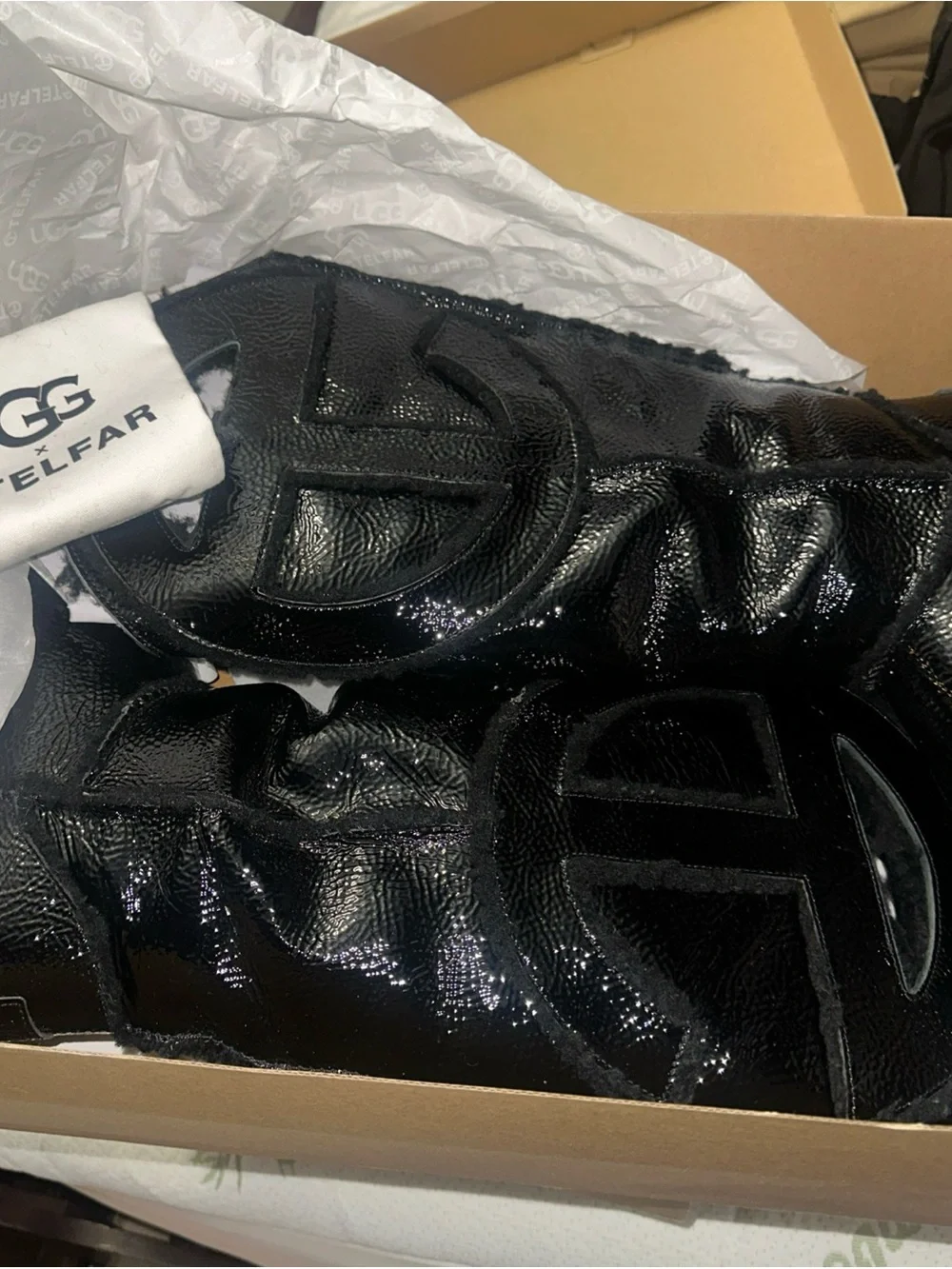 UGG/Telfar Black Patent Leather Boots